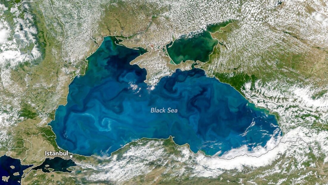 NASA PACE satellite image of turquoise coccolithophore bloom in the Black Sea