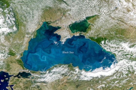 NASA PACE satellite image of turquoise coccolithophore bloom in the Black Sea